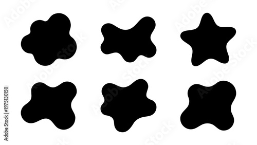 Abstract organic blob shapes, set of 6 black liquid silhouettes, minimalist amoeba fluid forms for modern graphic design and branding