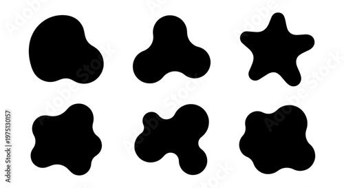 Abstract organic blob shapes, set of 6 black liquid amoeba silhouettes, minimalist fluid pebble elements for modern graphic design and branding