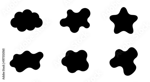 Abstract organic blob shapes collection, 6 black liquid splash silhouettes, minimalist amoeba and cloud vector elements for modern graphic design