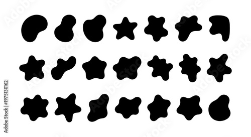 Abstract organic blob shapes set, 21 black liquid silhouette elements, irregular wavy fluid forms for modern graphic design and branding