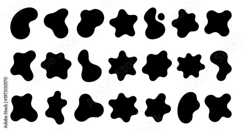 Abstract liquid blob shapes, set of 21 black organic amoeba silhouettes, minimalist fluid ink splatter vector elements for modern graphic design