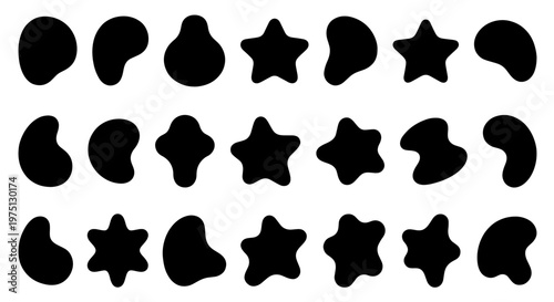 Abstract organic blob shapes, set of 21 black liquid silhouette elements, fluid amoeba and star vector icons for modern graphic design layouts