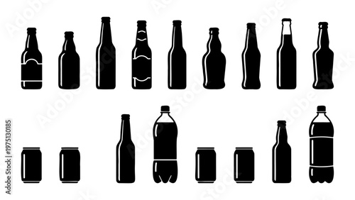 Black beverage bottle icons and aluminum cans, set of 15 drink container silhouettes, minimalist soda and beer bottle vector illustrations