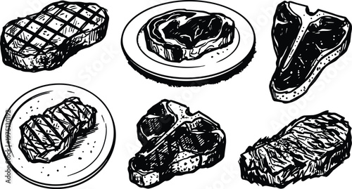 Black and white line art six steak cuts plates and raw meat illustrations landscape