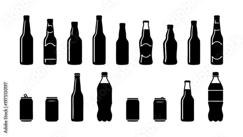Black beverage bottle silhouettes and aluminum can icons, set of 15 drink container vector elements, soda and beer packaging symbols on white background