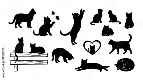 Black cat silhouettes collection, 14 feline vector elements in various poses, domestic cat icons for pet shop branding and animal lover designs