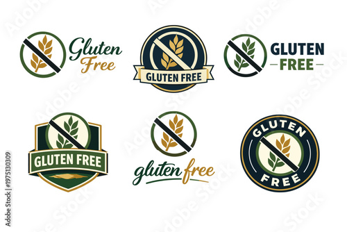 Collection of gluten-free emblems featuring wheat symbol in various styles