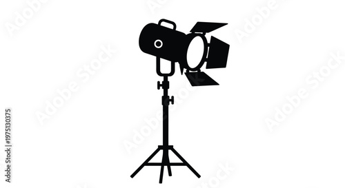 Black studio lighting equipment silhouette stands against a bright white background