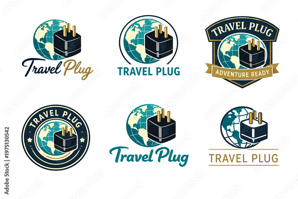 Fototapeta premium Travel plug logo designs on globe background in various styles and colors