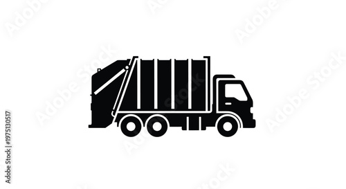 Black silhouette of a garbage truck with raised compactor isolated on a white background