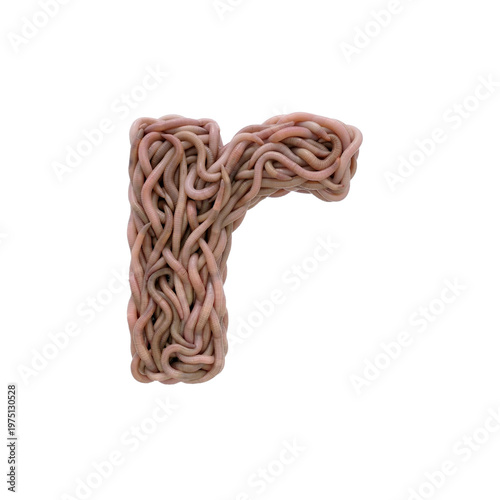 earthworm letter R - Small 3d earthworm font isolated on white background. This alphabet is perfect for creative illustrations related to gardening, compost, horror concept. Generative AI
