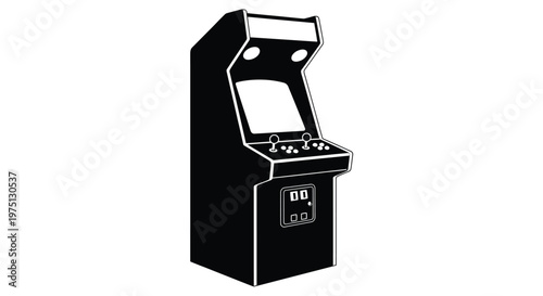 Black arcade cabinet silhouette against a white background showcasing retro gaming aesthetics