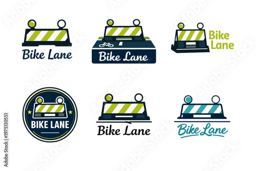 Bike lane sign logos with striped barriers and text variations