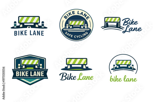 Bike lane logos featuring highway illustration and cycling safety emblem designs