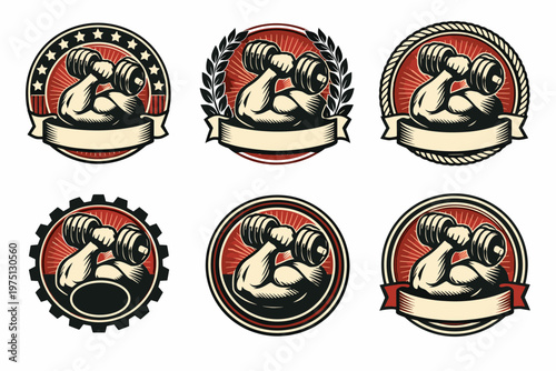 Vintage bodybuilding emblems with dumbbells and muscular arms