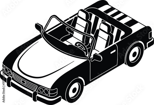 Black and white isometric convertible car with striped rear seats vector line art
