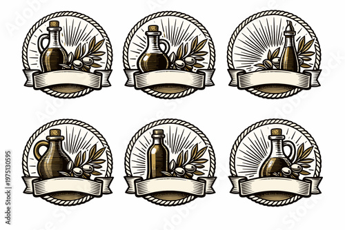Vintage olive oil labels with bottles and olive branches in round frames