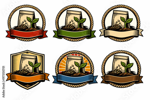 Vintage seed packet badges with sprouting plant designs in varied colors
