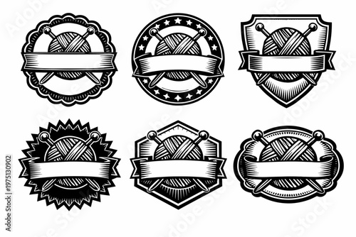Set of vintage knitting emblems with crossed needles and blank banners