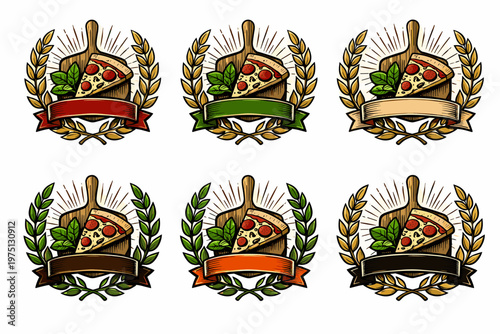 Vintage pizza emblems with slices on wooden peels and laurel wreaths