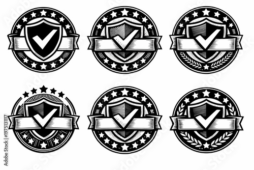 Vintage black and white checkmark badges with shields and stars