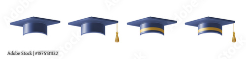 Realistic Blue graduate caps set. 3D Graduation Doctoral hat.