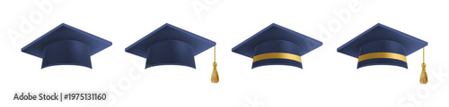 Realistic Blue graduate caps set. 3D Graduation Doctoral hat.