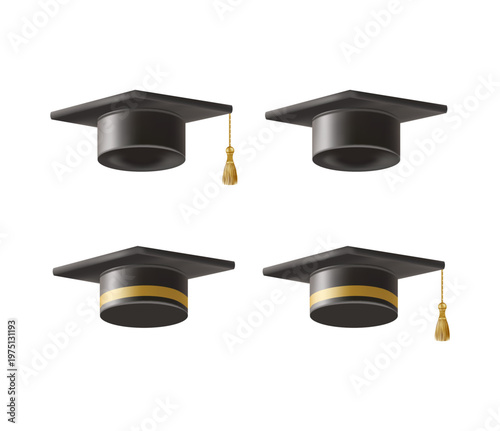 Realistic Black graduate caps set. 3D Graduation Doctoral hat.