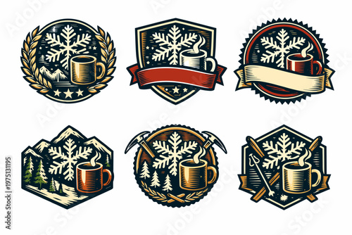 Vintage winter emblems featuring hot drink mugs, snowflakes, and winter sports