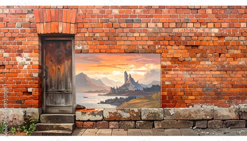 A vibrant, sunny landscape painting framed within a brick wall, next to a weathered wooden door. A cobblestone base is visible