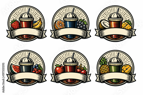 Vintage juice labels with assorted fruits and blank banners
