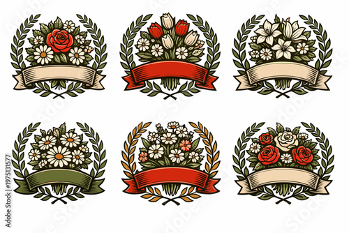 Vintage floral emblems with banners: roses, tulips, lilies, daisies