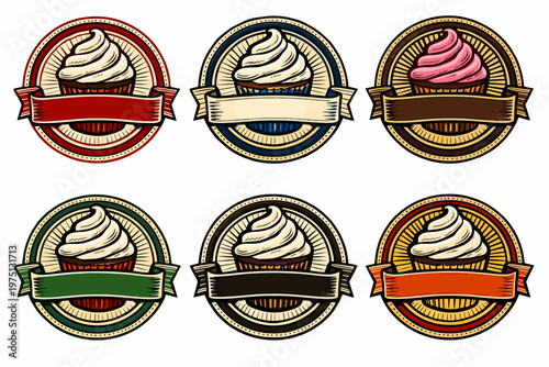 Set of vintage cupcake badge designs with blank banners