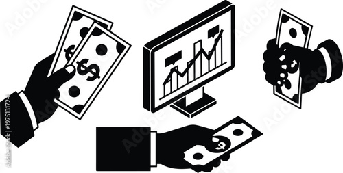 Vector art black and white hands holding cash and monitor with rising chart financial icons