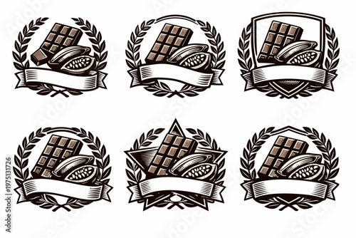 Vintage chocolate and cocoa bean emblems with laurel wreaths