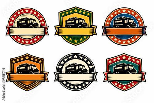 Vintage camper van badges with stars and banners in various colors