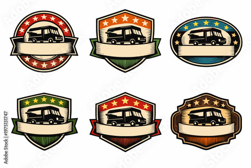 Vintage camper van badges with blank banners and stars in various shapes and colors