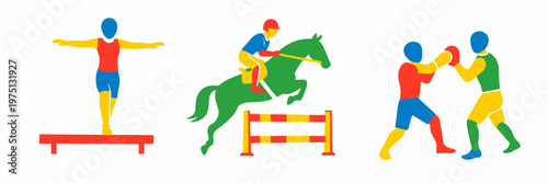 Colorful equestrian sports set featuring horse jumping, riding and balance routines, created for competition, championship and riding club themes.