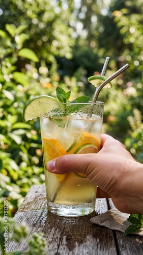 Hand holding refreshing citrus drink with ice and mint outdoors