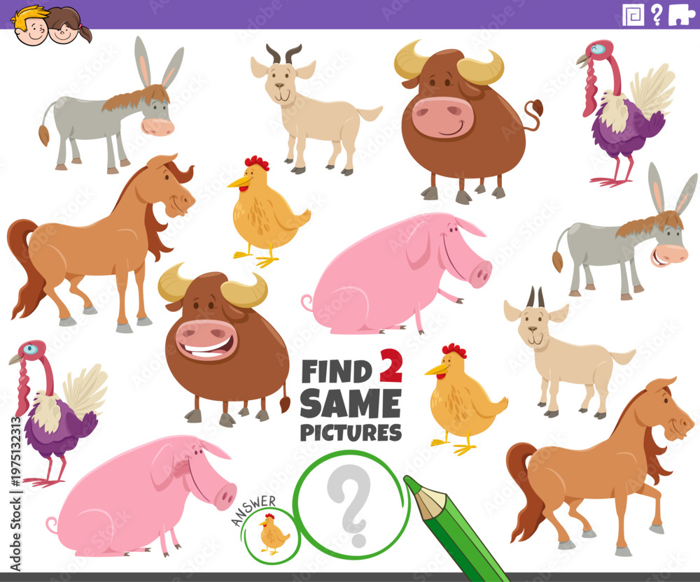 Fototapeta premium find two same cartoon farm animal characters activity game