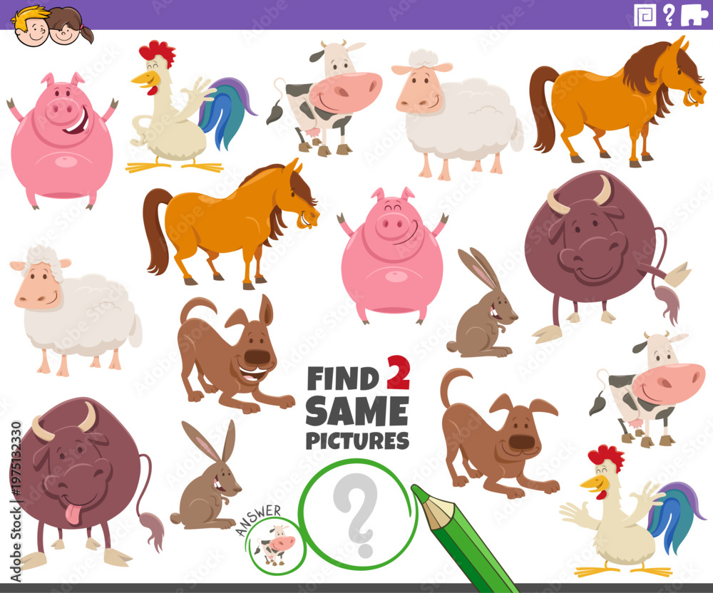 Obraz premium find two same cartoon farm animal characters activity puzzle