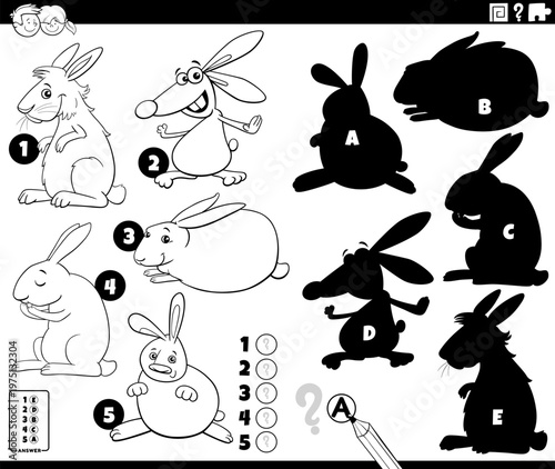 shadows puzzle with cartoon rabbits animal characters coloring page