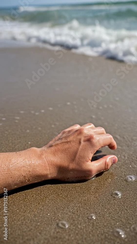 Hand in ocean waves at the beach, close up POV