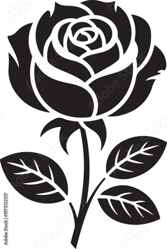 Black and white rose flower illustration with a stem and three leaves on a white background.