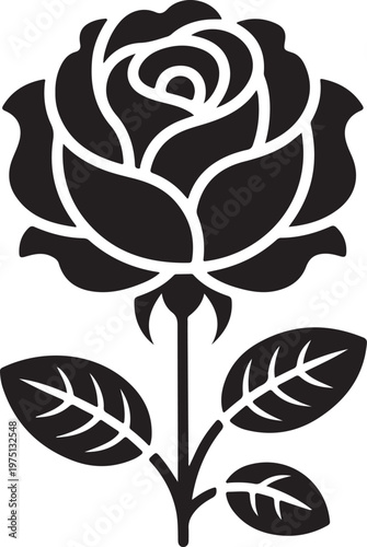Black and white rose flower icon with leaves isolated on a plain white background