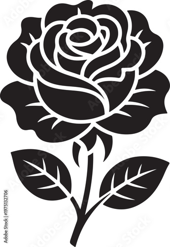 Black rose flower silhouette with stem and leaves isolated on a white background for design.