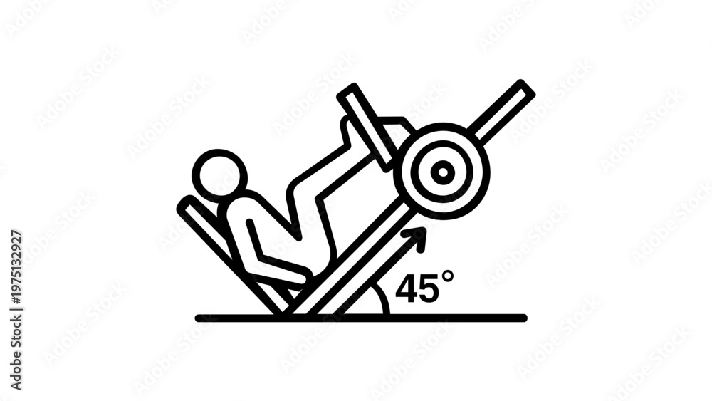 Obraz premium 45 Degree Leg Press Machine Exercise Vector Icon Illustration. Minimalist Line Art of a Person Training Legs in a Gym. Scalable Flat Design for Fitness and Bodybuilding Apps and Websites.