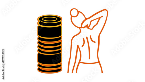 Minimalist vector illustration icon of a heavy punching bag next to a person touching their neck, representing boxing training, fitness exercise, muscle strain, or post-workout stretching routine.