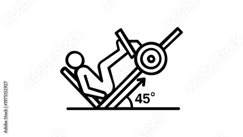 45 Degree Leg Press Machine Exercise Vector Icon Illustration. Minimalist Line Art of a Person Training Legs in a Gym. Scalable Flat Design for Fitness and Bodybuilding Apps and Websites.