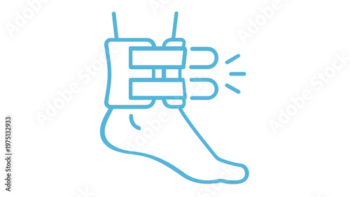 Ankle brace support vector icon illustration on a human foot for medical injury recovery, orthopedic rehabilitation, sports protection, and joint stability, minimalist flat blue line design.